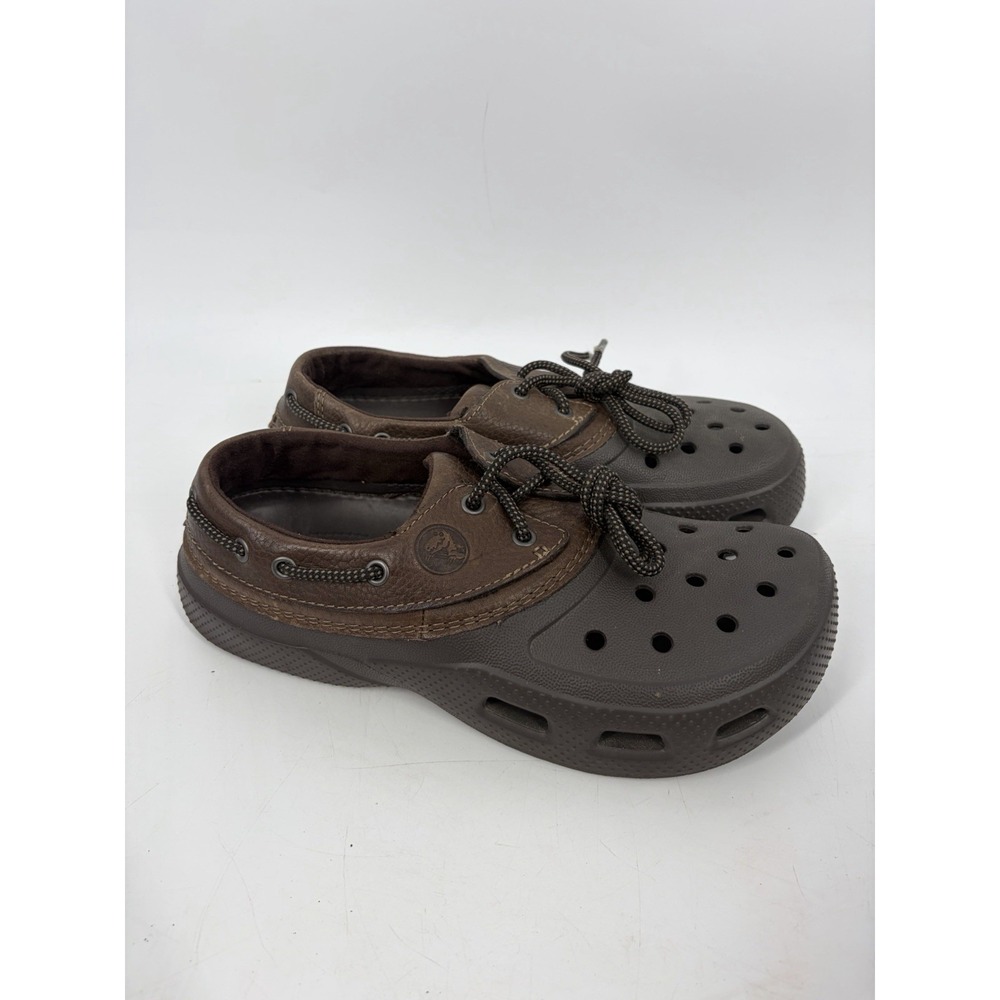 Crocs Islander Pitcrew Mens Brown Leather Boat Shoe Clogs Slip On Loafers Sz 9